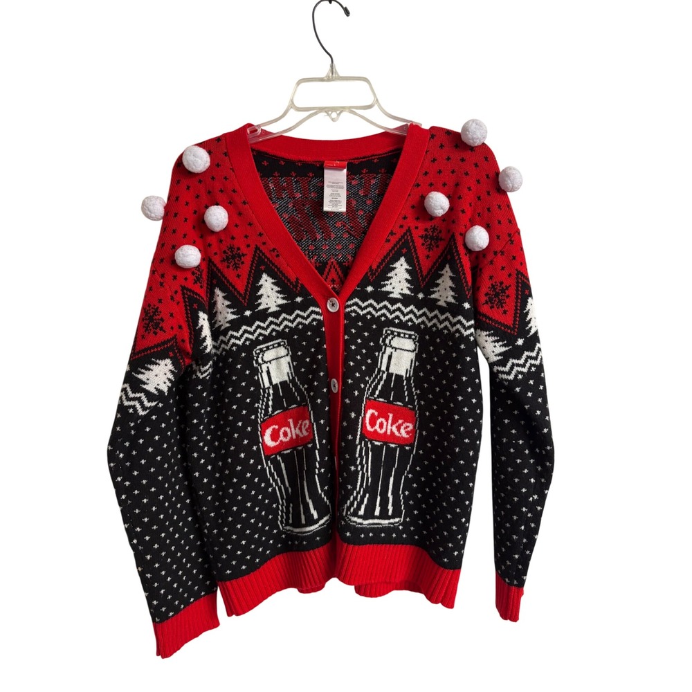 Coca-Cola Polar Bear Ugly Christmas Sweater Cardigan Red Black White Pom Poms M